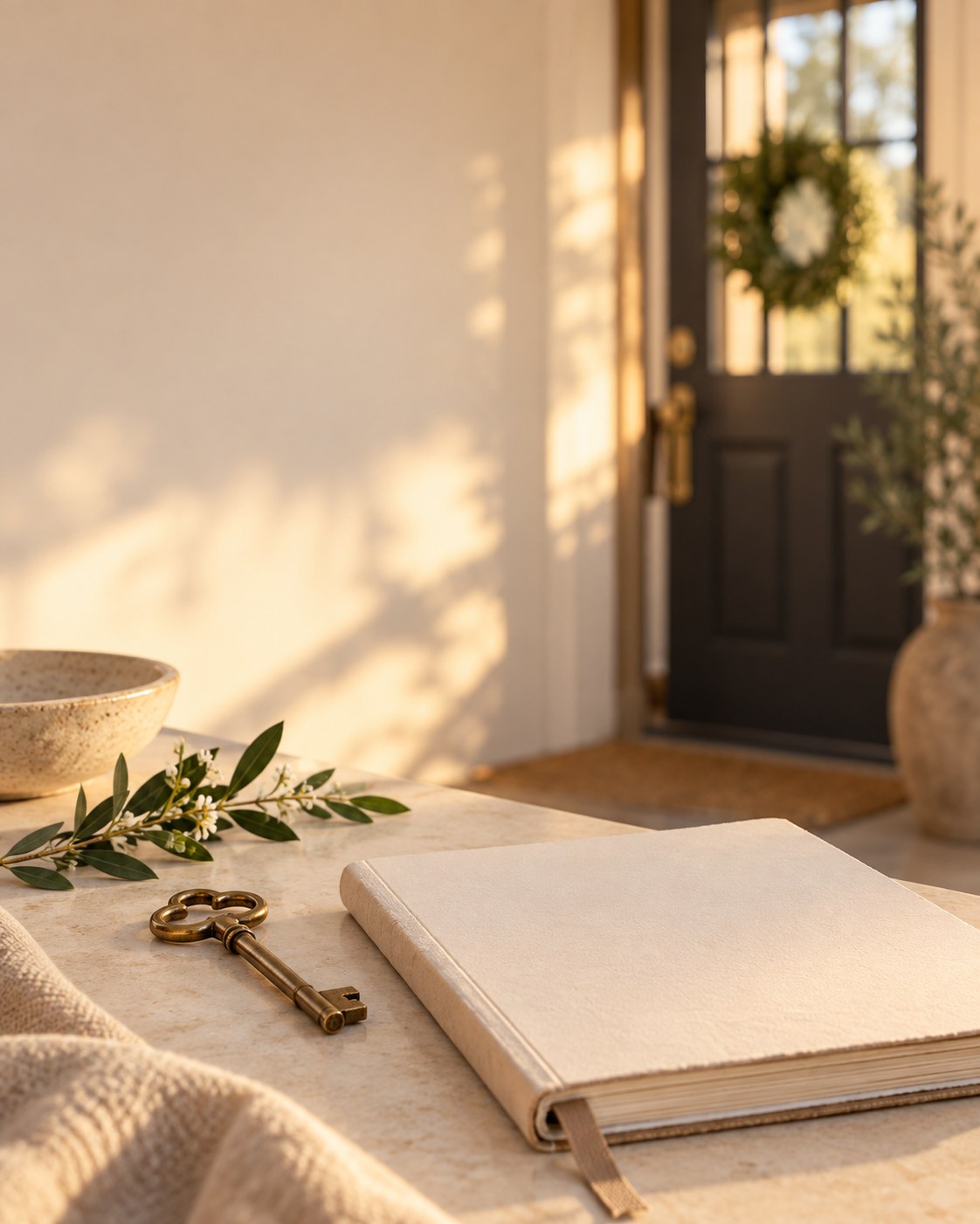 A journal and brass key resting in warm light near a front door