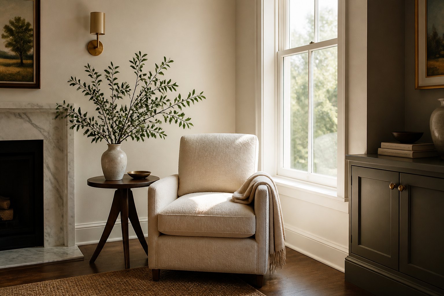 A calm, sunlit sitting corner in a smaller home