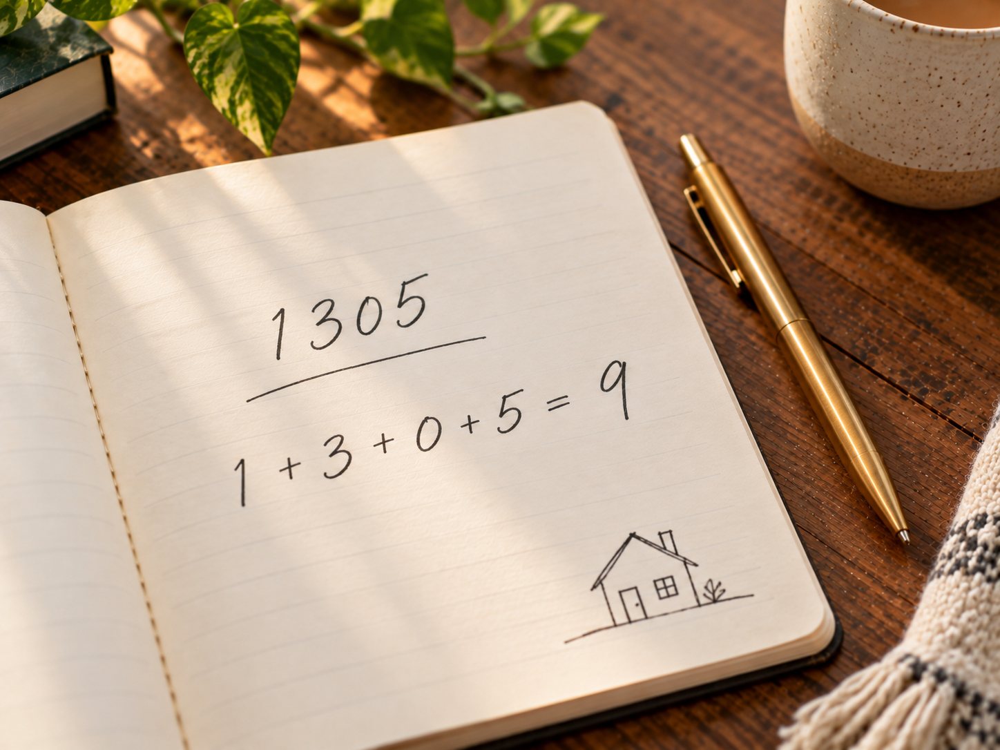 An open notebook shows the address 1305 calculated to 9 — 1 + 3 + 0 + 5 = 9 — beside a gold pen and a cup of coffee