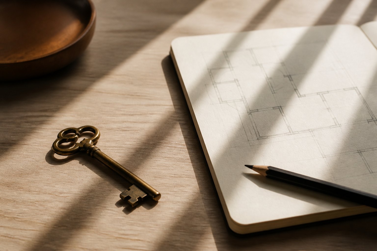 An antique key beside a notebook with a hand-drawn floor plan