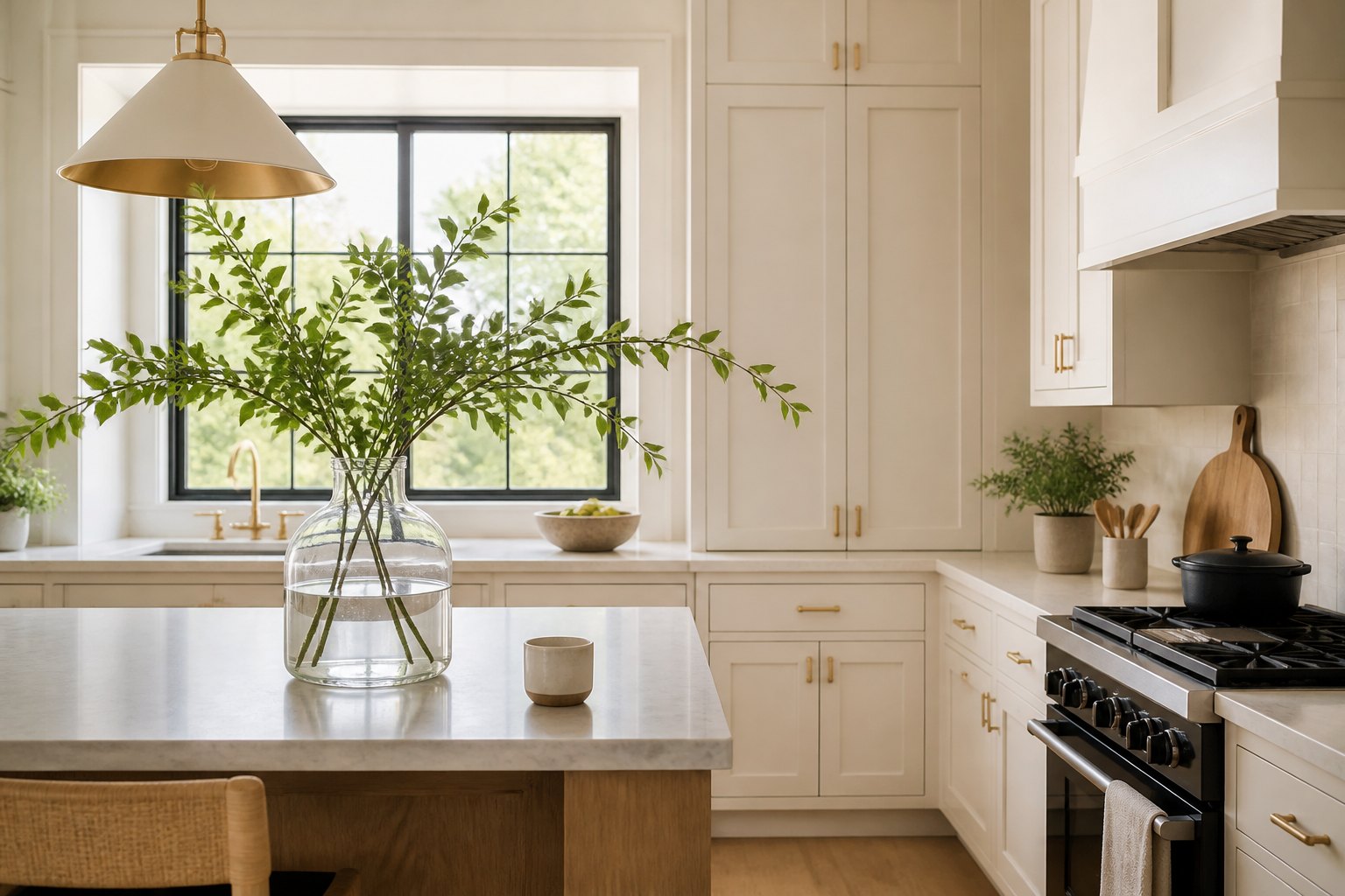 A bright, character-rich kitchen with green branches on the island