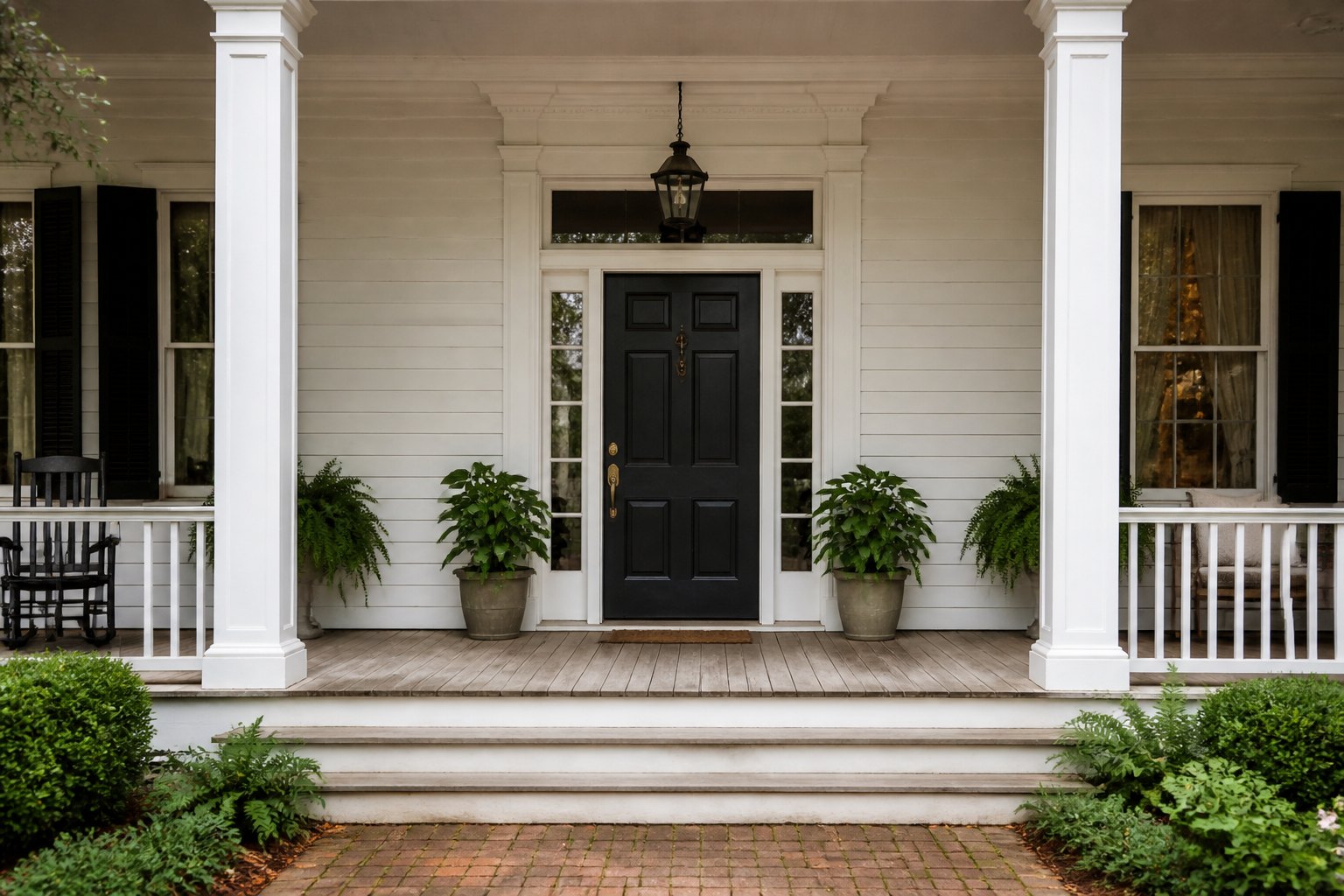A welcoming front porch with a black door and green plants
